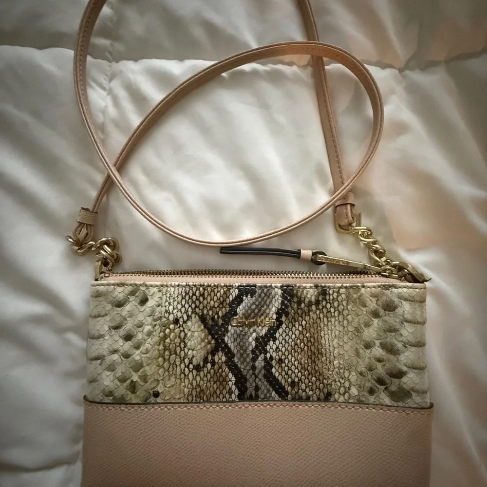 Calvin Klein Tan and Snake Print Crossbody Bag